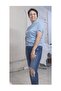 Ice Blue Combed Cotton Viscose T-Shirt with One Shoulder Laces - 4