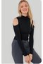 Women's Shoulder Detail Cut Out Lycra Half Turtleneck Blouse - 4