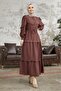 Guipure Detailed Balloon Sleeve Hijab Dress - Bitter Brown - 4