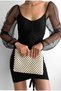 Women's Thin Padded Lined Long Tulle Sleeve Detailed Short Black Evening Dress