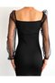 Women's Thin Padded Lined Long Tulle Sleeve Detailed Short Black Evening Dress - 3