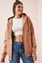 Women's Biscuit Hooded Zippered Ribbed Oversize Sweatshirt US00714