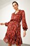 Women's Stand Collar Patterned Midi Chiffon Dress 6054037 Claret Red - 5