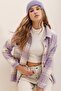 Women’s Lilac Plaid Single-Pocket Oversized Melton Shirt ALC-X7264 - 3