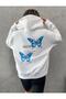 Hooded Oversize Beautiful White Sweatshirt with Butterfly Back Detail - 2
