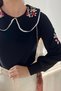 Women's Black Bib Collar Embroidery Embroidered Knitwear Sweater - 2