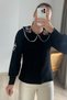 Women's Black Bib Collar Embroidery Embroidered Knitwear Sweater - 3