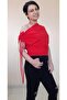 One Shoulder Lace-up Lay Collar Red Combed Cotton Viscose T-Shirt - 4