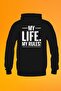 My Life My Rules Printed Black Kangaroo Pocket Hooded Sweatshirt