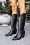 Milos Women's Black Genuine Leather Embroidery Detail Boots - 6