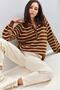 Women's Brown and White Collared, Buttoned, Crew Neck, Striped Knitwear Sweater 20223207 - 5