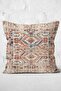 Cream - Cushion Cover with Digital Print Ethnic Patterned Kilim Rug Motif on Red Background - 3