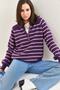 Women's Purple Beige Collared Knitted Turtleneck Striped Sweater 20223207 - 5