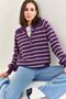 Women's Purple Beige Collared Knitted Turtleneck Striped Sweater 20223207 - 7