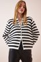 Women's Ecru Black Padded Striped Knitwear Cardigan US00859