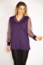 Women's Large Size Plum Collar and Sleeves Silvery Tulle Blouse 65n35185 - 2