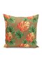 Digital Printed Throw Pillow Cover with Exotic Leaves Motifs Orange and Green Lotus Pattern on Wicker Floor