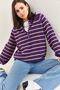 Women's Purple Beige Collared Knitted Turtleneck Striped Sweater 20223207 - 3