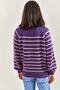 Women's Purple Beige Collared Knitted Turtleneck Striped Sweater 20223207 - 4