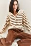 Women's Beige Brown Collared Knitted Turtleneck Striped Knitwear Sweater 20223207 - 3