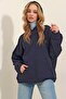 Women's Navy Blue Hooded Kangaroo Pocket 3 Thread Thick Sweatshirt ALC-531-009 - 3