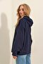 Women's Navy Blue Hooded Kangaroo Pocket 3 Thread Thick Sweatshirt ALC-531-009 - 4