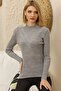 Women's Gray Self-Collared Ribbed Knitwear Sweater