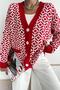 Women's Red Geometric Pattern Double Pocket Buttoned Loose Oversize Knitwear Long Cardigan - 4