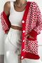 Women's Red Geometric Pattern Double Pocket Buttoned Loose Oversize Knitwear Long Cardigan - 5