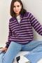 Women's Purple Beige Collared Knitted Turtleneck Striped Sweater 20223207 - 2