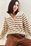 Women's Beige Brown Collared Knitted Turtleneck Striped Knitwear Sweater 20223207 - 2