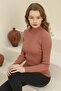 Women's Dusty Rose Turtleneck Corded Hair Knitted Patterned Knitwear Sweater - 2