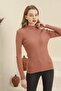 Women's Dusty Rose Turtleneck Corded Hair Knitted Patterned Knitwear Sweater - 5