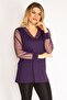 Women's Large Size Plum Collar and Sleeves Silvery Tulle Blouse 65n35185 - 6