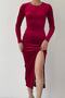 Velvet Fabric Crew Neck Long Sleeve Slit Embroidery Detailed Design Burgundy Midi Evening Dress 139
