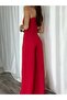 Red Crepe Fabric Strappy Double-Breasted Collar Evening Jumpsuit - 2