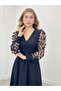 Double Fabric 3D Floral Sleeve Dress - Black - 4