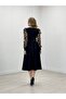 Double Fabric 3D Floral Sleeve Dress - Black - 5