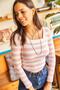 Women's Candy Pink U-Neck Striped Lycra Blouse BLZ-19002022 - 5