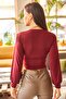 Women's Burgundy Deep Decollete Waist Banded Crop Blouse BLZ-19001696 - 6