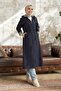 Burgundy Striped Pattern Long Trench Coat - Navy Blue