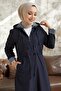 Burgundy Striped Pattern Long Trench Coat - Navy Blue - 3