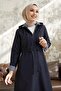 Burgundy Striped Pattern Long Trench Coat - Navy Blue - 2