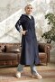 Burgundy Striped Pattern Long Trench Coat - Navy Blue - 4