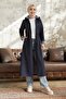 Burgundy Striped Pattern Long Trench Coat - Navy Blue - 5