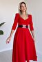 Crepe Fabric Window Collar Midi Length Red Evening Dress with Belt Gift 075 - 2