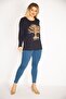 Women's Large Size Navy Blue Print Detailed Viscose Blouse 65n30456 - 5