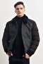 Men's Black Standard Fit Normal Cut Furry Stand Collar Coat - 5