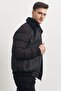 Men's Black Standard Fit Normal Cut Furry Stand Collar Coat - 7