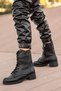 Women's Daily Black Skin Boots Zippered Lace Up Faux Leather Stylish Water Resistant Winter Bootie - 2
